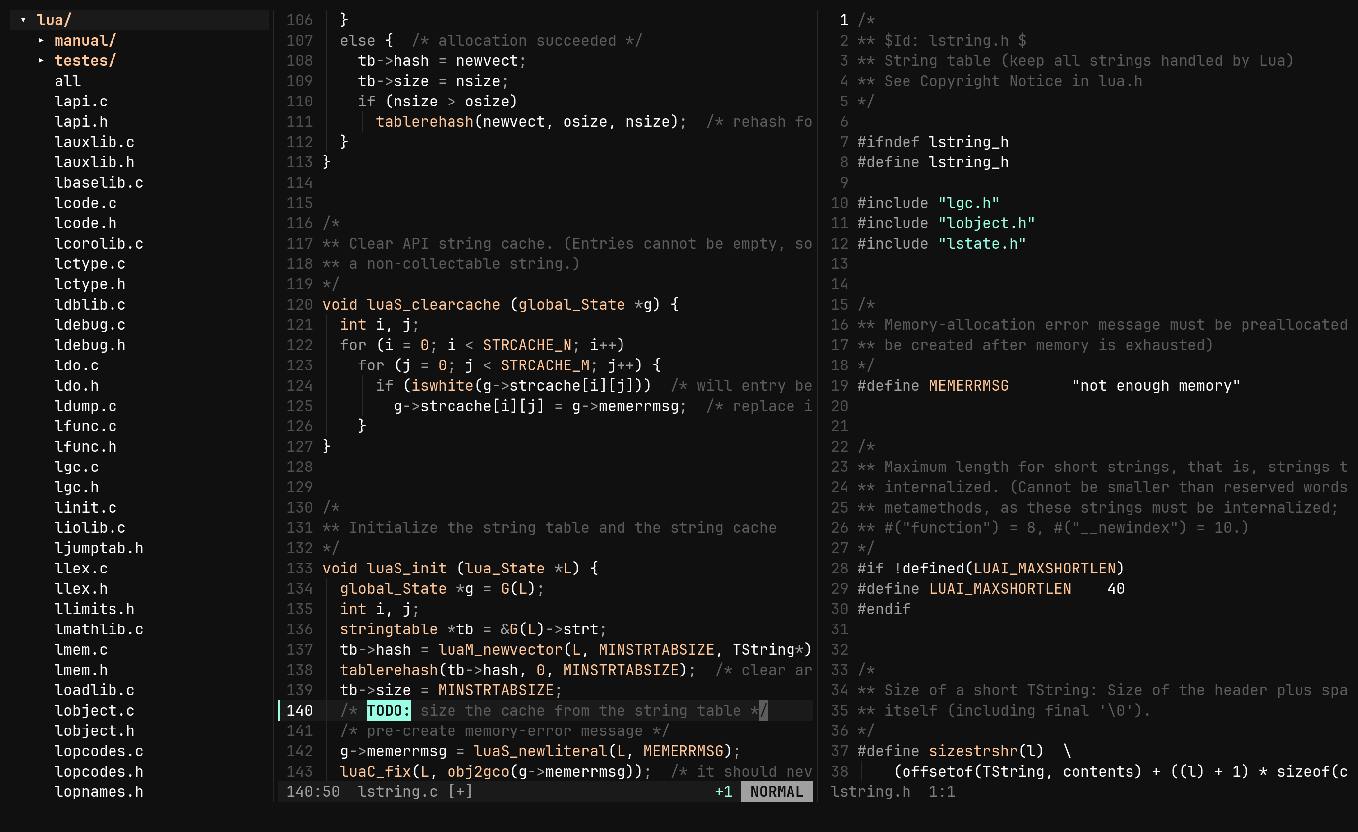 The file tree, two files side by side, a TODO tag and a git sign on the line just added.